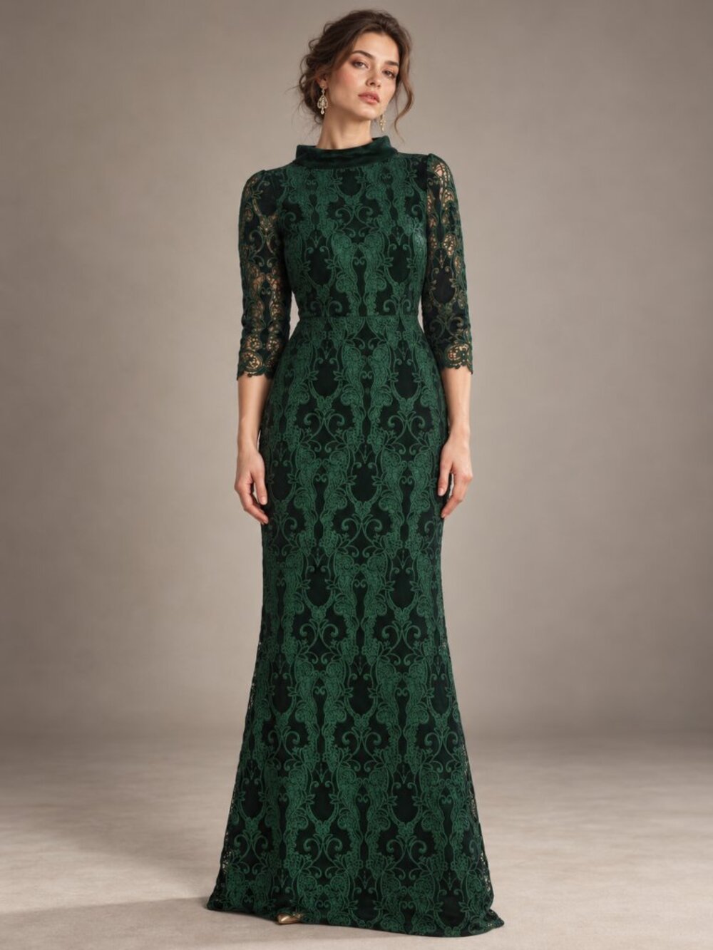 Badgley Mischka Collection Funnel-Neck Velvet Lace Column Gown NEW NWT $900 MSRP